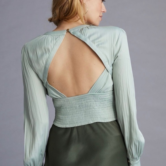 Anthropologie Blouson-Sleeve Blouse mint scoop neck chic open back small crop - Picture 3 of 12